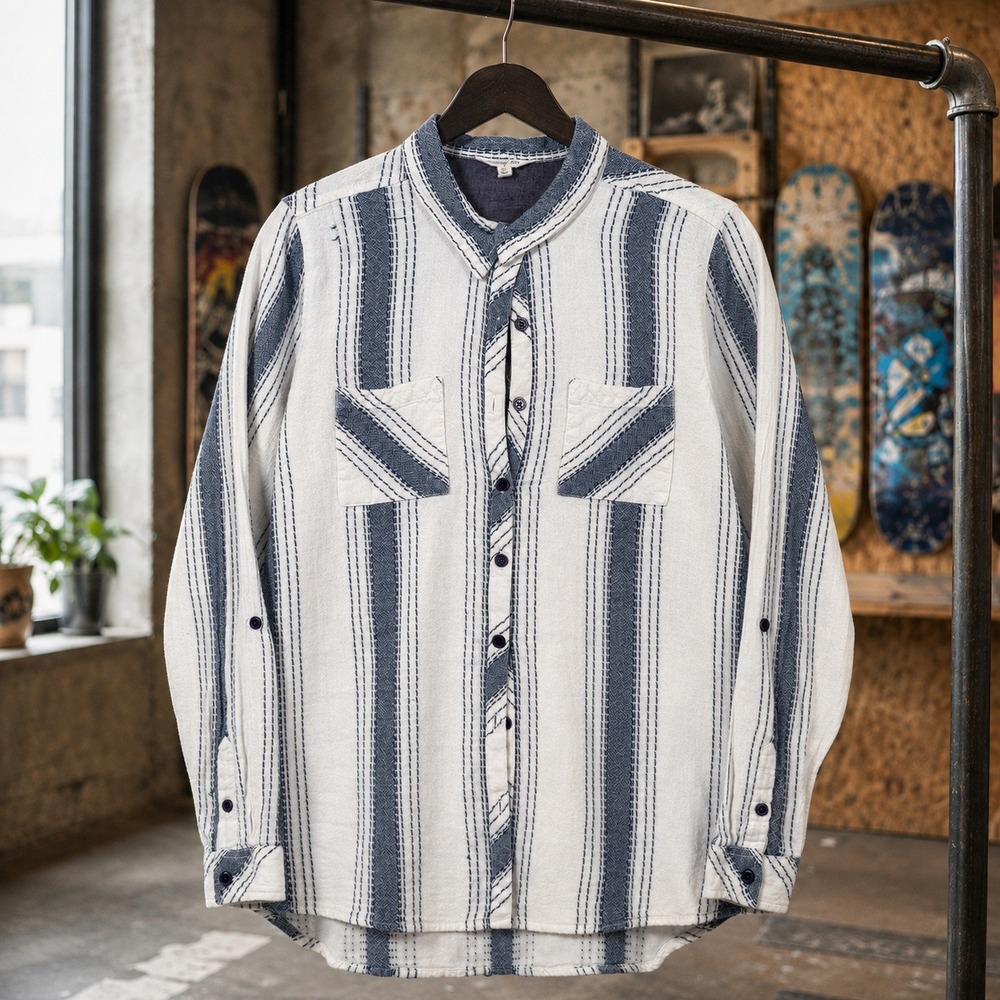 Krazy Kat Blue White Striped Cotton Button Up Shirt Womens Medium Long Sleeve